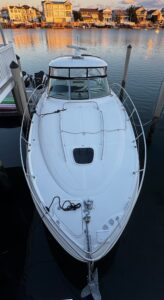 Bow seating and forward cabin entry on a 2007 Sea Ray 38 Sundancer with cushioned lounge area and windscreen.