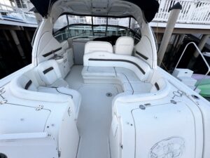 Stern view of 2007 Sea Ray 38 Sundancer showing transom, swim platform, and dual outboard engines in Stone Harbor, New Jer...