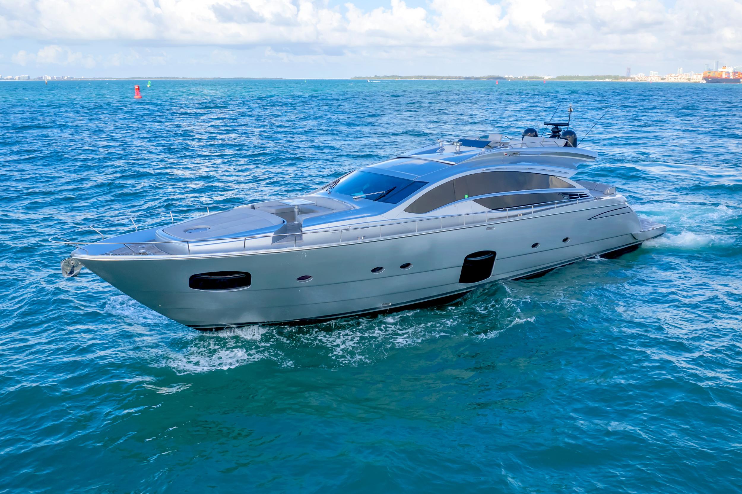 2013 Pershing 82 high-speed sport yacht exterior profile underway in open water, Miami Florida listing on Fly Yachts