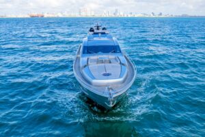 2013 Pershing 82 aerial or elevated exterior view showing sleek Italian sportyacht hull design, aggressive stepped profile...