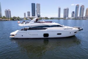 2015 Ferretti 750 75-foot motor yacht exterior profile view docked in Miami showing full hull, flybridge, and superstructure