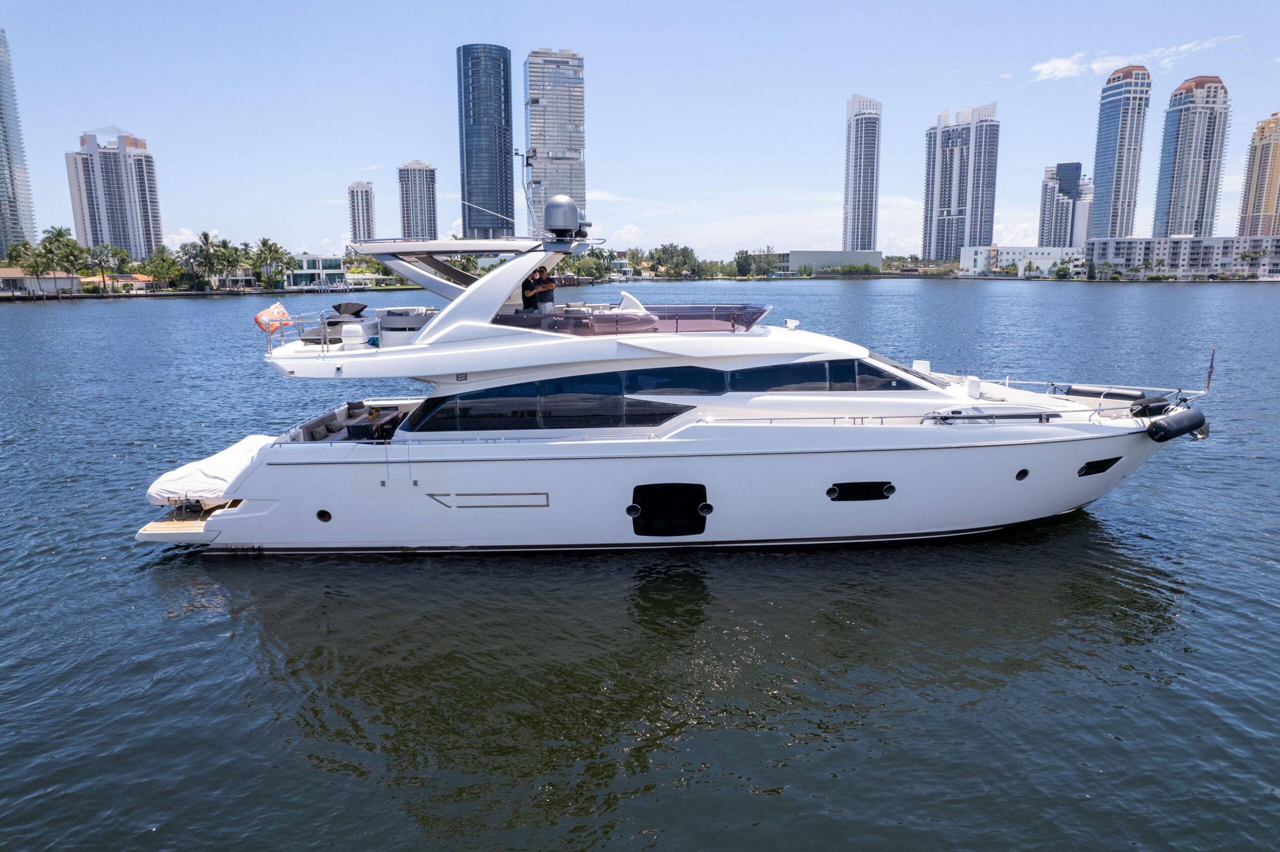 2015 Ferretti 750 75-foot motor yacht exterior profile view docked in Miami showing full hull, flybridge, and superstructure