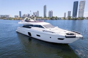2015 Ferretti 750 aerial or elevated bow-quarter profile showing the 75-foot motor yacht's sweeping hull lines, foredeck, ...