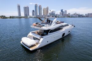 2015 Ferretti 750 aerial or elevated exterior view showing the full 75-foot motor yacht hull, superstructure, and flybridg...