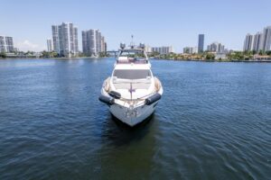 2015 Ferretti 750 flybridge deck with outdoor seating, helm station, and panoramic views across the 75-foot motor yacht in...