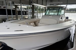 2015 Grady-White Canyon 376 center console offshore fishing yacht shown in full starboard profile at Pompano Beach, Florida