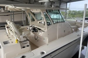 2015 Grady-White Canyon 376 stern and transom profile showing swim platform, transom design, and offshore center console l...