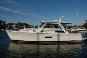 2019 Sabre 38 Salon Express bow or stern exterior view showing hull lines and deck layout at West River, Maryland.