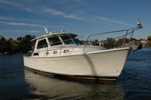 2019 Sabre 38 Salon Express mid-ship exterior detail or deck feature visible from dockside angle in West River, Maryland.