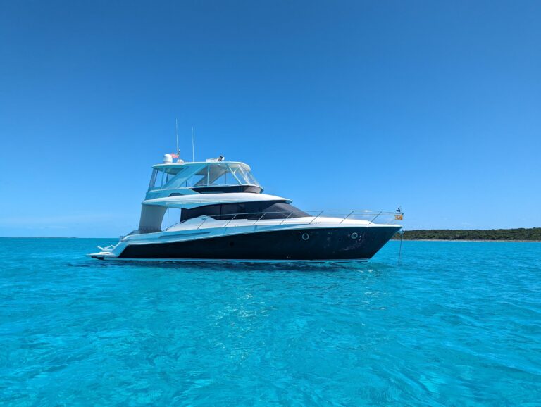Tiara Yachts F53 Flybridge helm station with dual Garmin displays, leather helm chair, and forward visibility through wind...