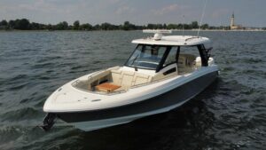 Boston Whaler 350 Realm center console bow with curved windshield and forward seating in St Clair Shores, Michigan.