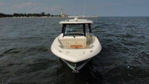Bow seating and forward cabin entry on 2022 Boston Whaler 350 Realm center console yacht.