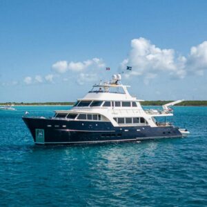2022 Marlow Voyager 100 Series motor yacht exterior profile starboard side view showing full length hull design and supers...