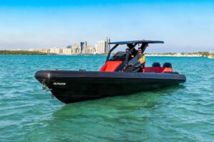 2025 Novielli Veloche 34ft aerial or elevated exterior view showing hull profile and deck layout in Miami, FL
