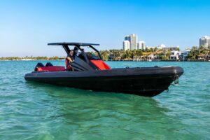 2025 Novielli Veloche 34ft center console bow and forward deck seating area with helm station visible from forward angle, ...
