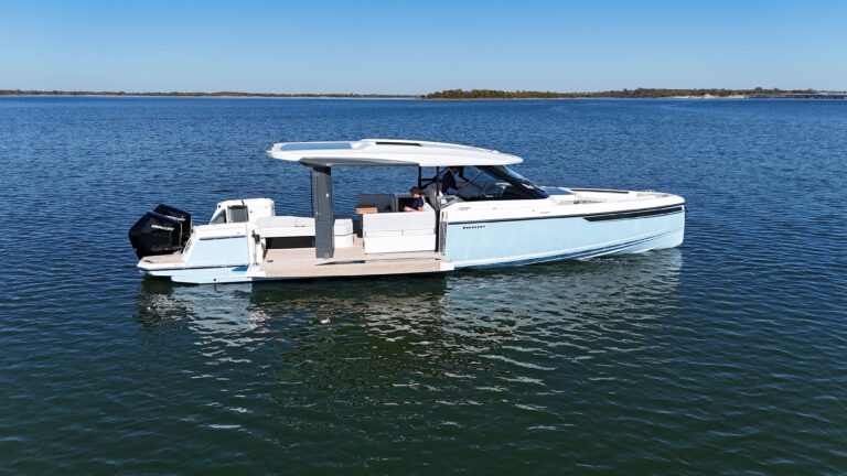 2025 Saxdor 400 GTO 41-foot open sport yacht exterior profile hero shot on calm water in Lewisville TX