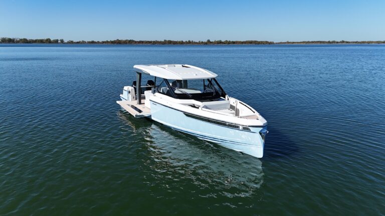 2025 Saxdor 400 GTO 41-foot open sport yacht aerial or elevated stern quarter profile showing deck layout and hull design