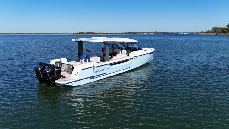 2025 Saxdor 400 GTO 41-foot open sport yacht starboard quarter profile showing cockpit layout, hardtop, and stern running ...