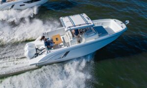 2026 Beneteau Flyer 9 SPACEdeck bow seating and forward cabin entry with curved windscreen.