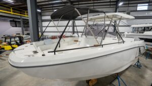 2026 Beneteau Flyer 9 SPACEdeck helm station with dual helm seats, steering wheel, and integrated dashboard electronics in...