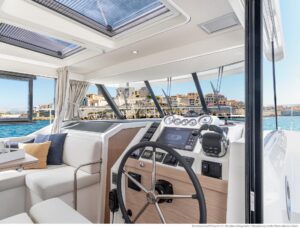 Beneteau Swift Trawler 41 Fly bow view showing forward seating and cabin profile at South Dartmouth, MA.