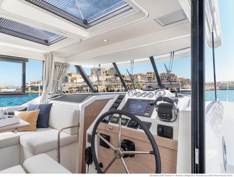 Beneteau Swift Trawler 41 Fly bow view showing forward seating and cabin profile at South Dartmouth, MA.