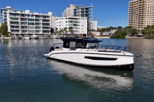 Navan C30 center console helm station with dual Garmin displays and helm seating in Fort Myers, Florida.