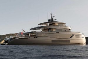 2026 Sunreef 50M Sunreef Explorer superyacht salon with contemporary furnishings and large windows overlooking the ocean.