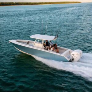 2027 Jupiter 34 center console bow section showing forward deck layout and hull design in South Dartmouth, Massachusetts