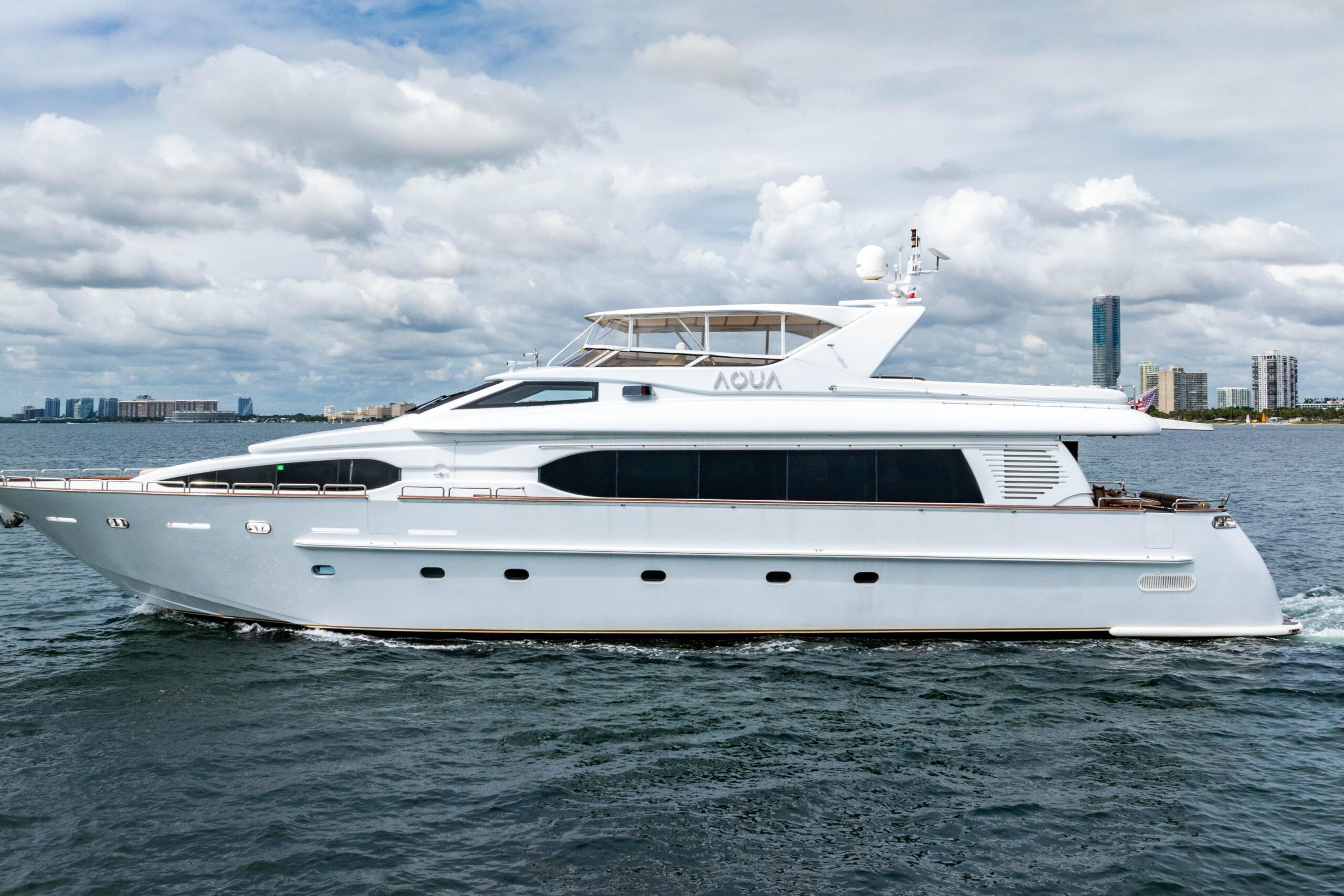 2000 Destiny 94-foot flybridge motor yacht exterior profile showing full starboard side with dual smokestacks and classic ...