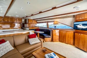 Bow view of 2001 Bertram 510 Convertible with forward seating and pulpit rail in Key West.