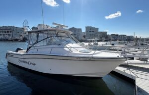 Bow seating and anchor setup on 2002 Grady-White Express 330 center console fishing yacht.