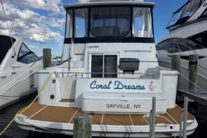 Stern view of 2003 Carver 444 Cockpit Motor Yacht showing transom, swim platform, and cockpit seating area.