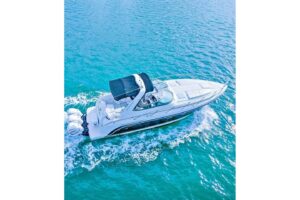 Bow view of 2003 Formula 34 Performance Cruiser with forward seating and windshield, Miami, FL.