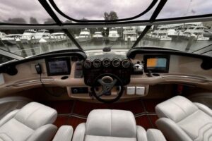 Bow view of 2005 Carver 466 Motor Yacht showing forward seating and cabin entry in Cleveland, Ohio.
