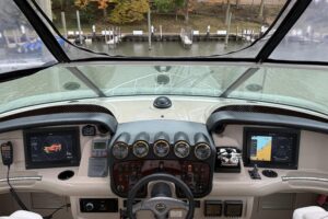 Stern view of 2005 Carver 466 Motor Yacht showing transom, swim platform, and dual exhaust ports.