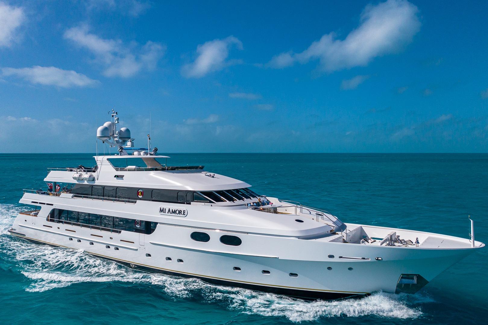 2005 Christensen 157-foot motor yacht exterior profile starboard side view anchored in San Diego waters.