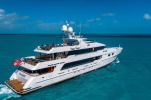 157-foot Christensen motor yacht bow section with teak railings and forward deck detail in San Diego.