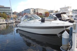 Bow view of 2007 Cruisers 340 Express with forward seating and windshield.