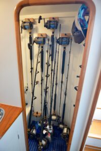 Gamefisherman 42 Walkaround helm station with sonar-equipped electronics and center console steering.