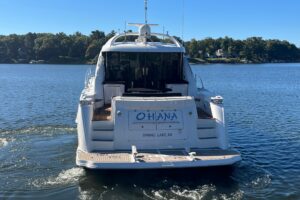 Bow view of 2007 Sea Ray 60 Sundancer with forward seating and windscreen detail.