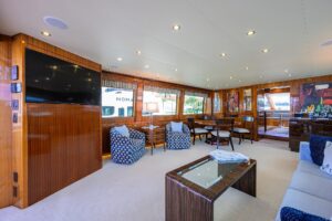 72-foot Hatteras Enclosed Bridge yacht bow section with forward seating and cabin profile in Key Largo.