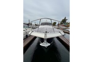 Stern view of 2009 Navigator Californian 50 Veneti showing transom, swim platform, and teak detailing.