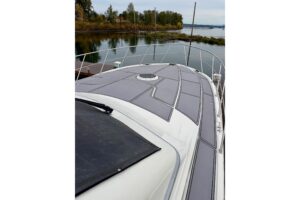Salon seating and entertainment area aboard 2009 Navigator Californian 50 Veneti with upholstered furnishings and cabin li...