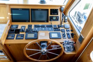 Sabre 52 Express bow section with forward seating and windscreen detail.