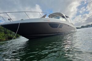 Helm station of 2010 Sea Ray Sundancer 370 with dual helm seats, Garmin electronics displays, steering wheel, and overhead...