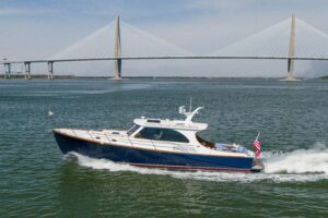 Bow view of 2015 Hinckley Talaria 43 with forward seating and windscreen, Charleston, SC.