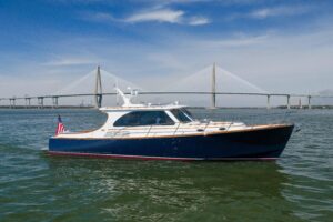 Hinckley Talaria 43 helm station with dual Garmin displays and leather helm seating in Charleston, SC.