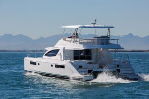 Bow view of 2017 Leopard 51 Powercat catamaran with dual hulls and forward seating area in Fort Lauderdale.