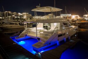 Bow view of 2017 Leopard 51 Powercat catamaran showing twin hulls and forward seating area in Fort Lauderdale.